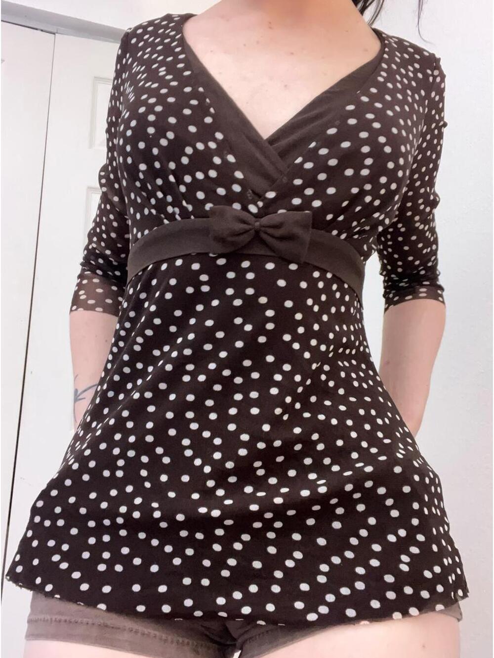 Brown polka dot babydoll top with bow